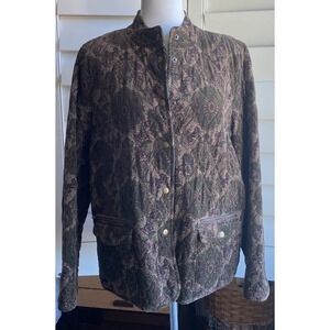 Charter Club Women L Petite  Quilted‎ Corduroy Paisley Brown Jacket Coat Snap Up